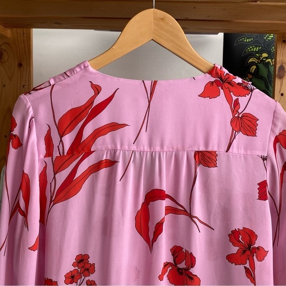 Parker Pink Red Floral Print Silk Blend Pasha Ruffle Wrap Blouse - Picture 9 of 16